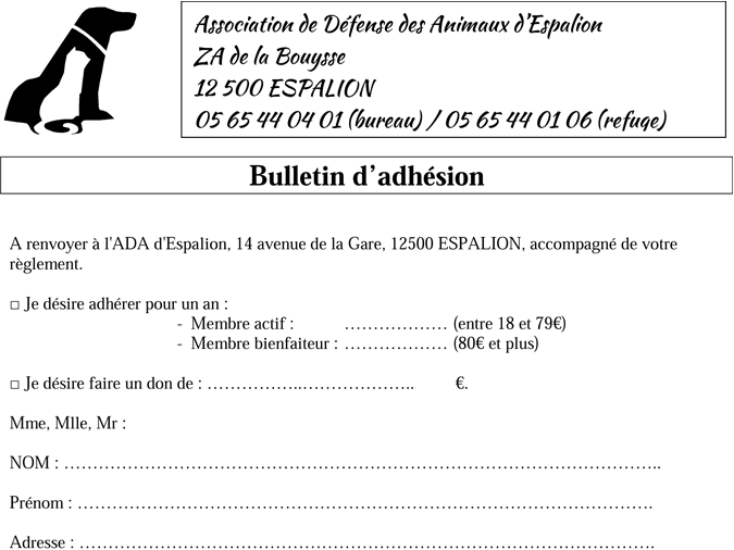 Bulletin d'adhésion à l'ADA d'Espalion